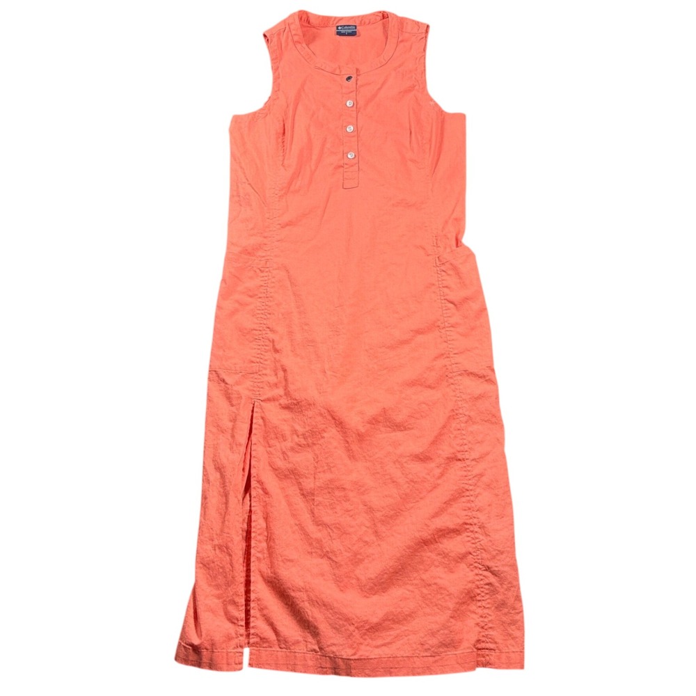 Columbia PFG Dress Women Small Coral Orange Sleeveless Henley Midi Side Slit